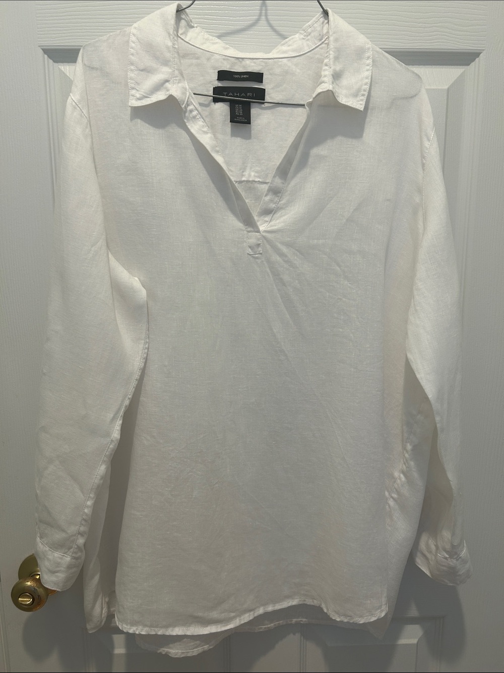 Tahari White Linen V-Neck Tunic Blouse